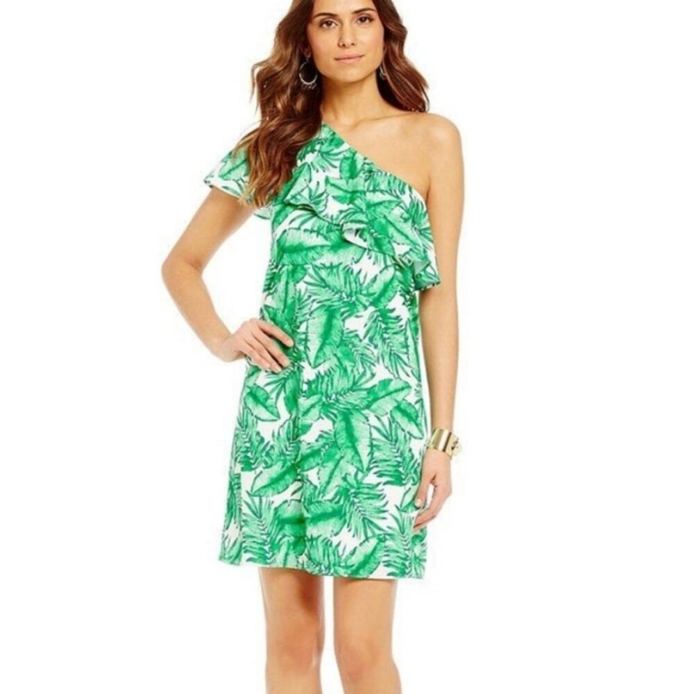 Gianni Bini Green Leaf Print One-Shoulder Ruffle Mini Vacation Beach Dress XS